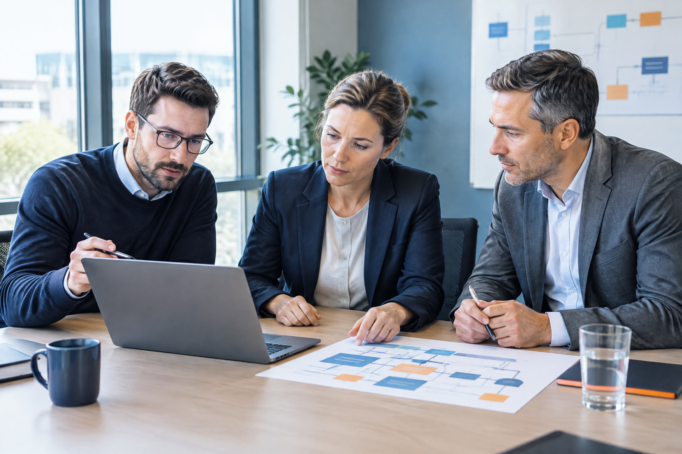 Drei Projektverantwortliche besprechen eine Systemmigration in einem Workshop.